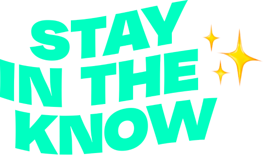 Wavy text reading "STAY IN THE KNOW" and an adjacent sparkly star emoji.