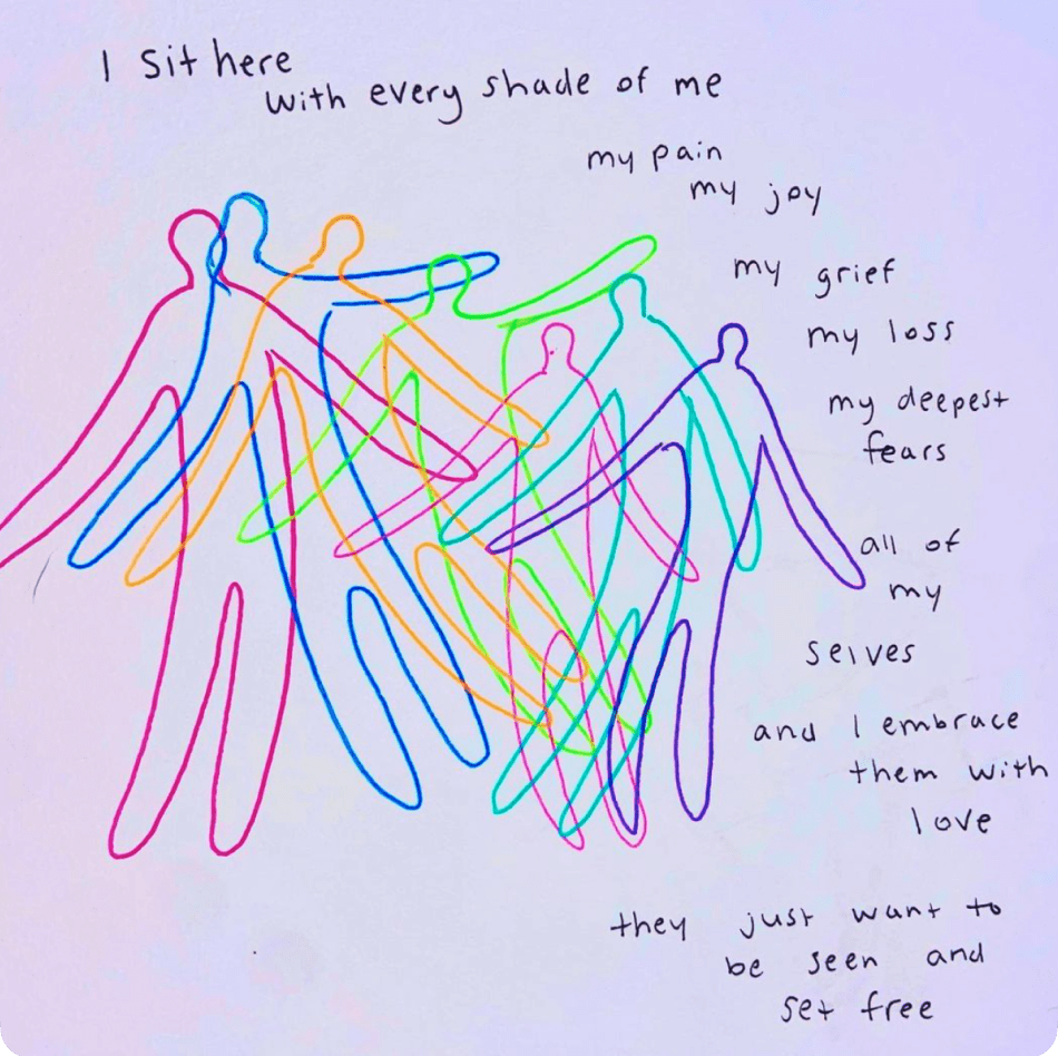 Abstract art of colorful outlines of people. Text: "I sit here with every shade of me my pain my joy my grief my loss my deepest fears all of my selves and I embrace them with love they just want to be seen and set free"