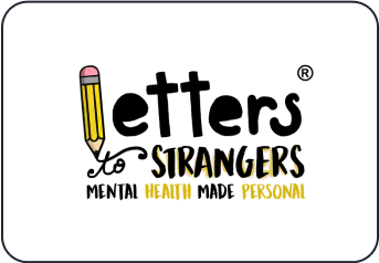 The logo of the "Letters to Strangers" organization. The text reads, "Letters to Strangers," with "MENTAL HEALTH MADE PERSONAL" written below it. The "L" in "Letters" is made of clip art of a pencil.