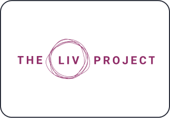 The logo of "The Liv Project" organization; the words "THE LIV PROJECT" in a purple shade with a scribbled circle around the word "LIV".