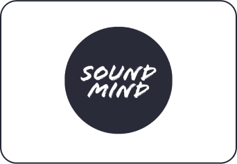 The logo of the "Sound Mind" organization; the words "SOUND MIND" in handwritten text in the center of a navy circle.