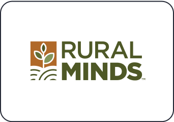 The earth-toned logo of the "Rural Minds" organization; a sapling sprouts out of the ground next to the words "RURAL MINDS."